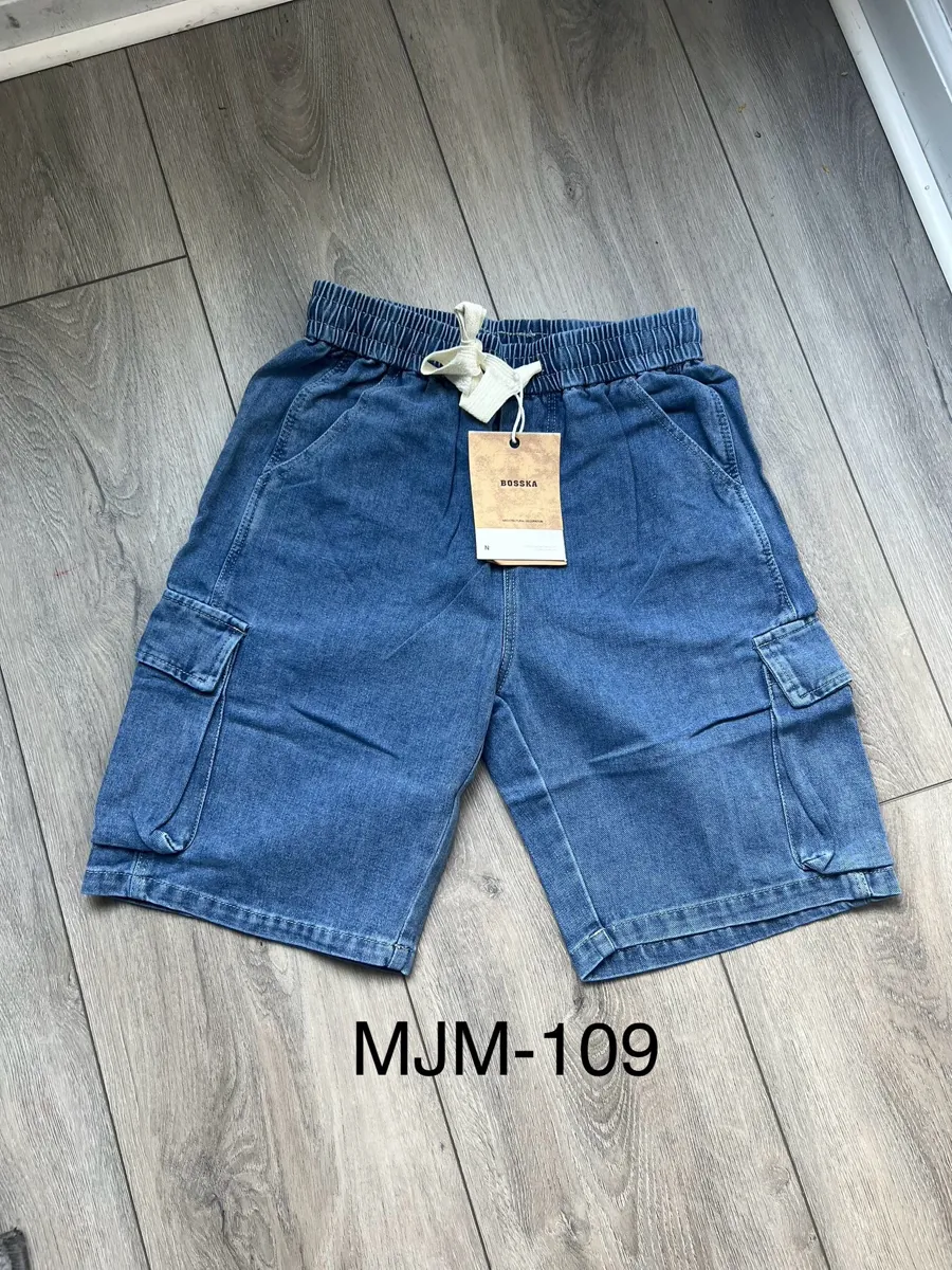 Blue denim cargo shorts with drawstring waist